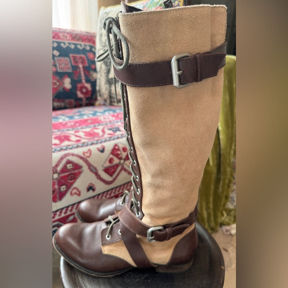 2 way adjustable  lace and buckled zippered calf high boots